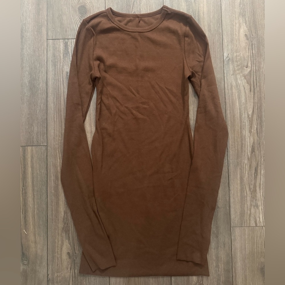 Eterne Butter Rib Long Sleeve Mini Dress Brown Stretch Crewneck S NWOT